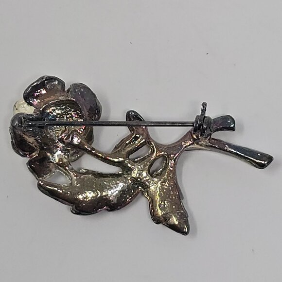 Vintage Shabby Chic White Rose Brooch Silver Tone Floral Costume Jewelry Pin - Picture 8 of 11